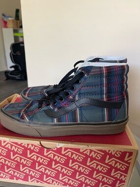 Vans  High-Top Plaid Sneakers in Navy, Red & Black
